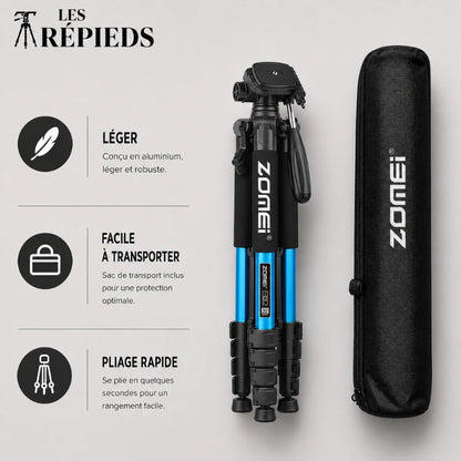 Trépied bleu Zomei replié a côté d une sacoche de transport Zomei noire - logo Les Trépieds - infographie 3 avantages : léger aluminium, facile a transporter avec sac inclus, pliage rapide en quelques secondes