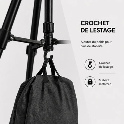 Gros plan crochet de lestage trépied noir Zomei avec sac suspendu - infographie crochet de lestage pour plus de stabilité renforcée