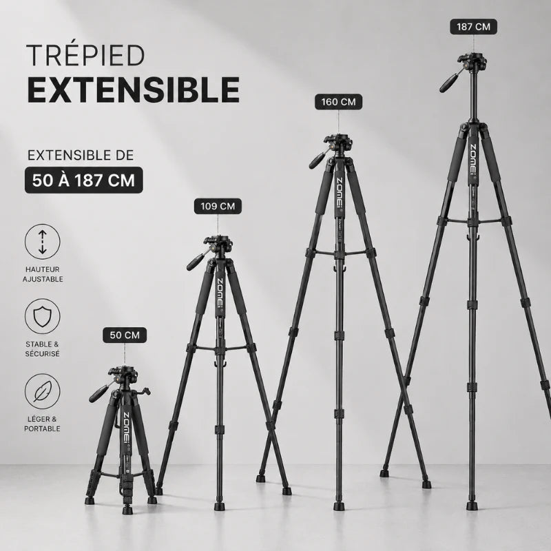 Infographie trépied extensible noir Zomei montrant 4 hauteurs : 50 cm, 109 cm, 160 cm et 187 cm - 3 avantages : hauteur ajustable, stable et sécurisé, léger et portable