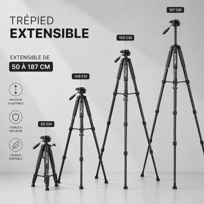 Infographie trépied extensible noir Zomei montrant 4 hauteurs : 50 cm, 109 cm, 160 cm et 187 cm - 3 avantages : hauteur ajustable, stable et sécurisé, léger et portable