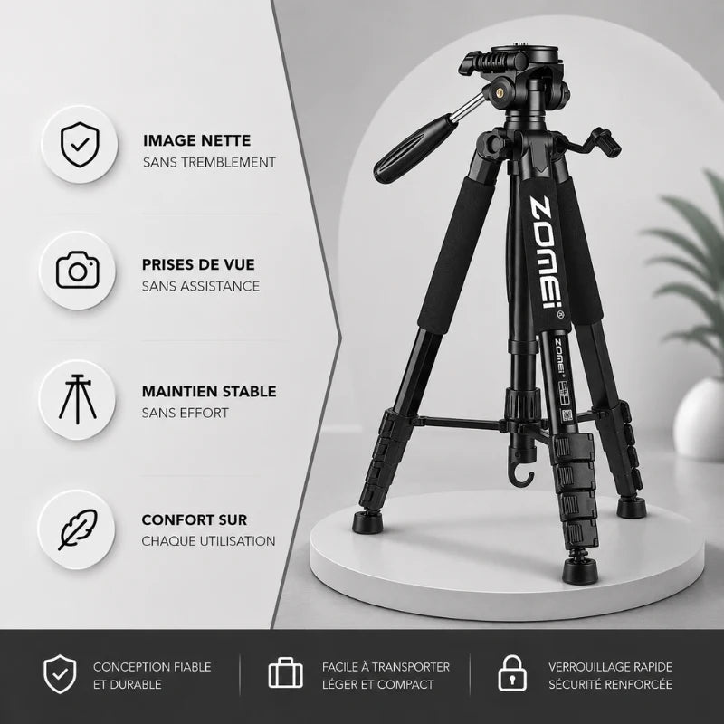 Trépied Zomei noir sur socle blanc - infographie 4 avantages : image nette sans tremblement, prises de vue sans assistance, maintien stable sans effort, confort sur chaque utilisation
