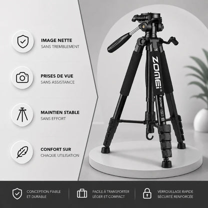 Trépied Zomei noir sur socle blanc - infographie 4 avantages : image nette sans tremblement, prises de vue sans assistance, maintien stable sans effort, confort sur chaque utilisation