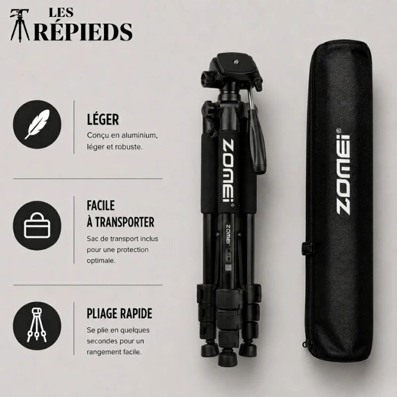 Trépied noir Zomei replié a côté d une sacoche de transport Zomei noire - logo Les Trépieds - infographie 3 avantages : léger aluminium, facile a transporter avec sac inclus, pliage rapide en quelques secondes