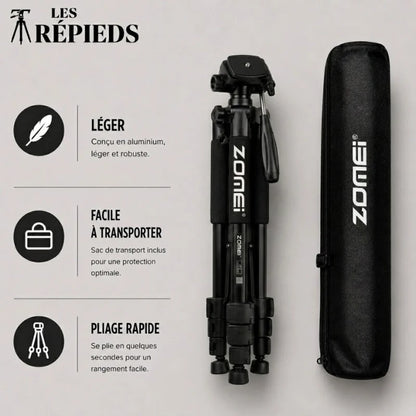 Trépied noir Zomei replié a côté d une sacoche de transport Zomei noire - logo Les Trépieds - infographie 3 avantages : léger aluminium, facile a transporter avec sac inclus, pliage rapide en quelques secondes