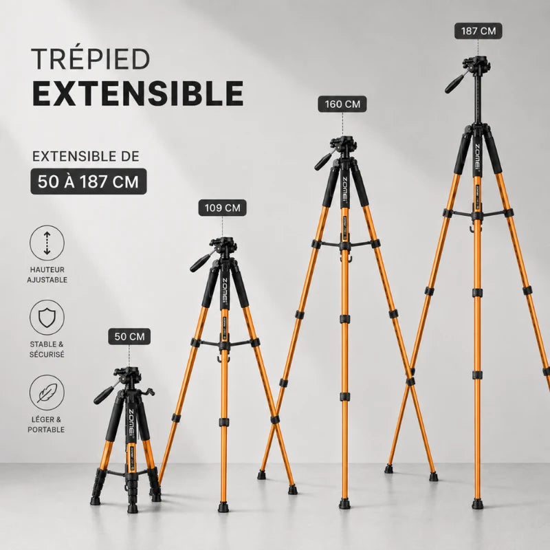 Infographie trépied extensible orange Zomei montrant 4 hauteurs : 50 cm, 109 cm, 160 cm et 187 cm - 3 avantages : hauteur ajustable, stable et sécurisé, léger et portable