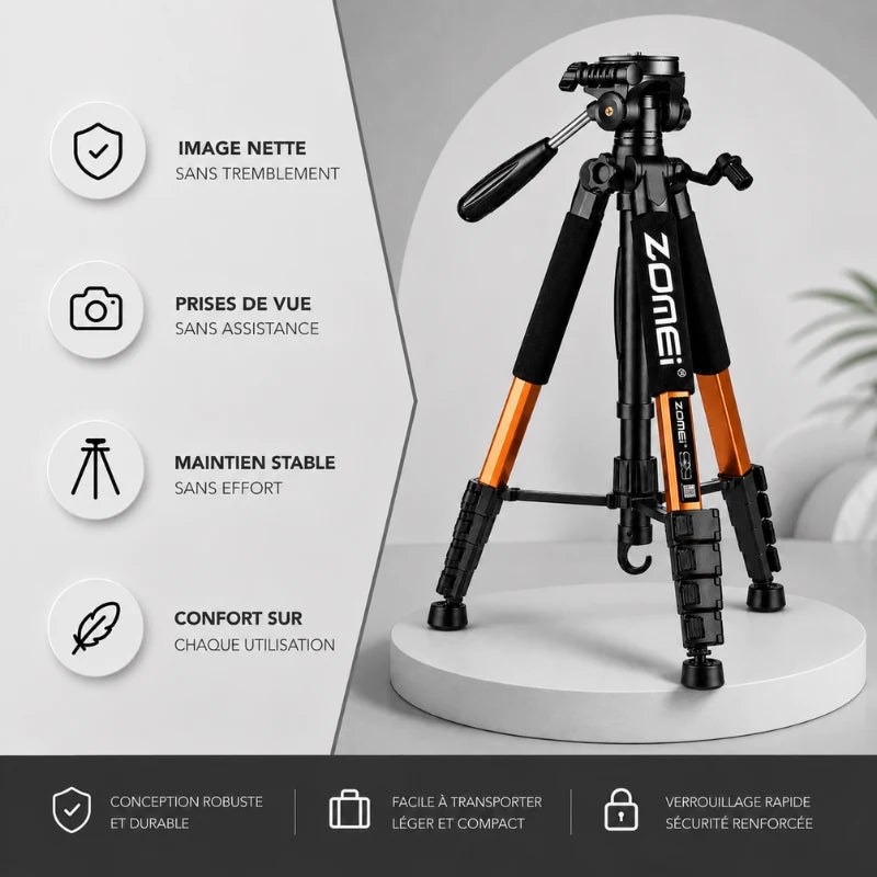 Trépied orange Zomei sur socle blanc - infographie 4 avantages : image nette sans tremblement, prises de vue sans assistance, maintien stable sans effort, confort sur chaque utilisation