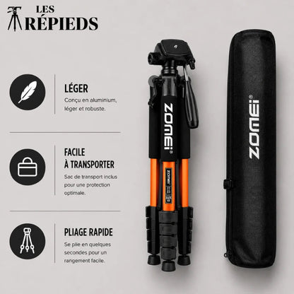 Trépied orange Zomei replié a côté d une sacoche de transport Zomei noire - logo Les Trépieds - infographie : léger aluminium, facile a transporter avec sac inclus, pliage rapide