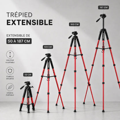 Infographie trépied extensible rouge Zomei montrant 4 hauteurs : 50 cm, 109 cm, 160 cm et 187 cm - 3 avantages : hauteur ajustable, stable et sécurisé, léger et portable