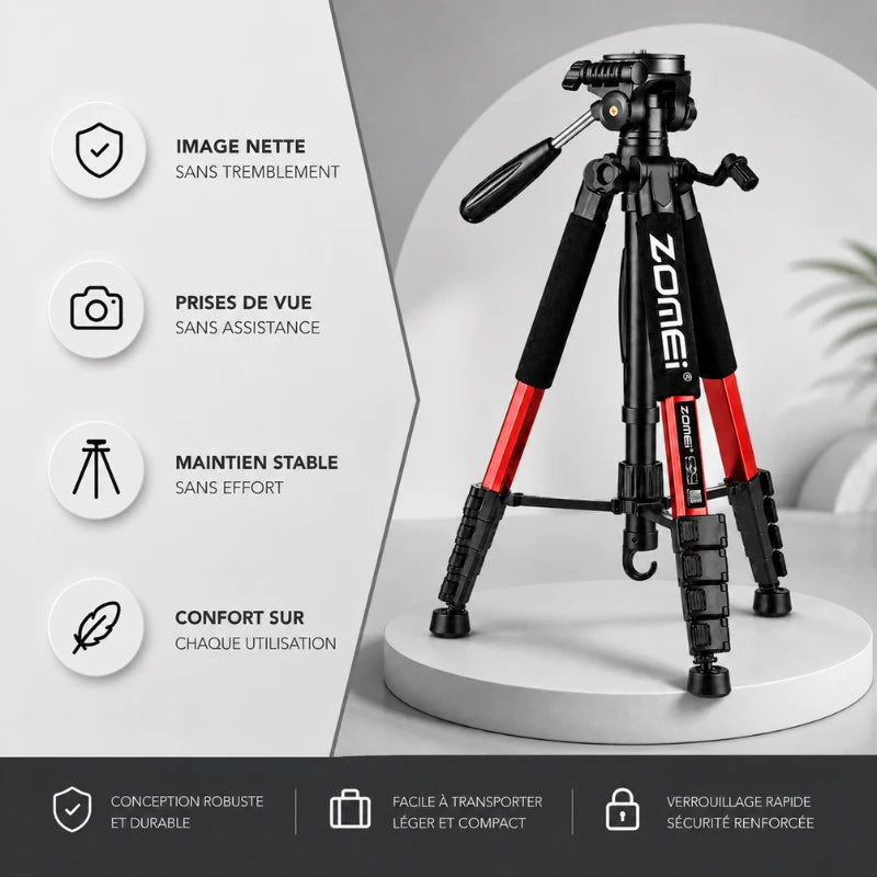 Trépied rouge Zomei avec smartphone fixé - infographie 4 avantages : image nette sans tremblement, prises de vue sans assistance, maintien stable sans effort, confort sur chaque utilisation