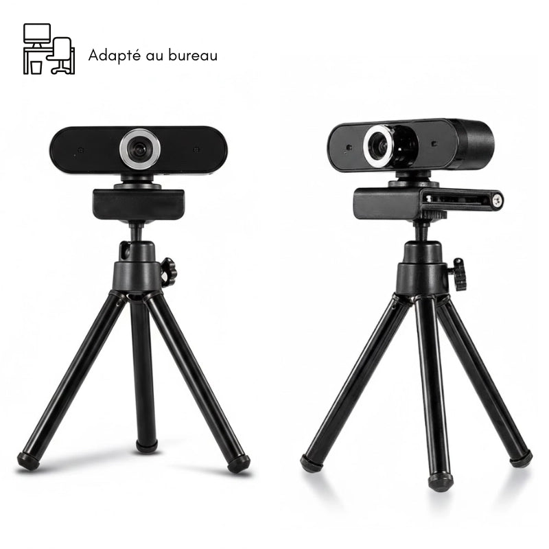 Trépied bureau noir avec une webcam clipsé dessus 
