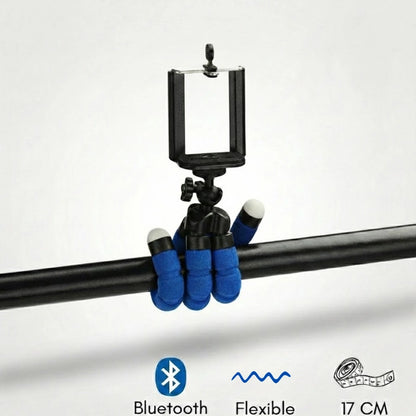 Trépied flexible Bluetooth bleu accroché sur une barre