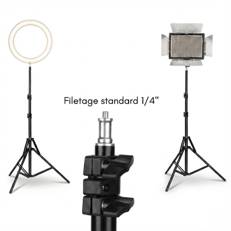 Lumière clipsées sur le trépied noir avec information de compatibilité