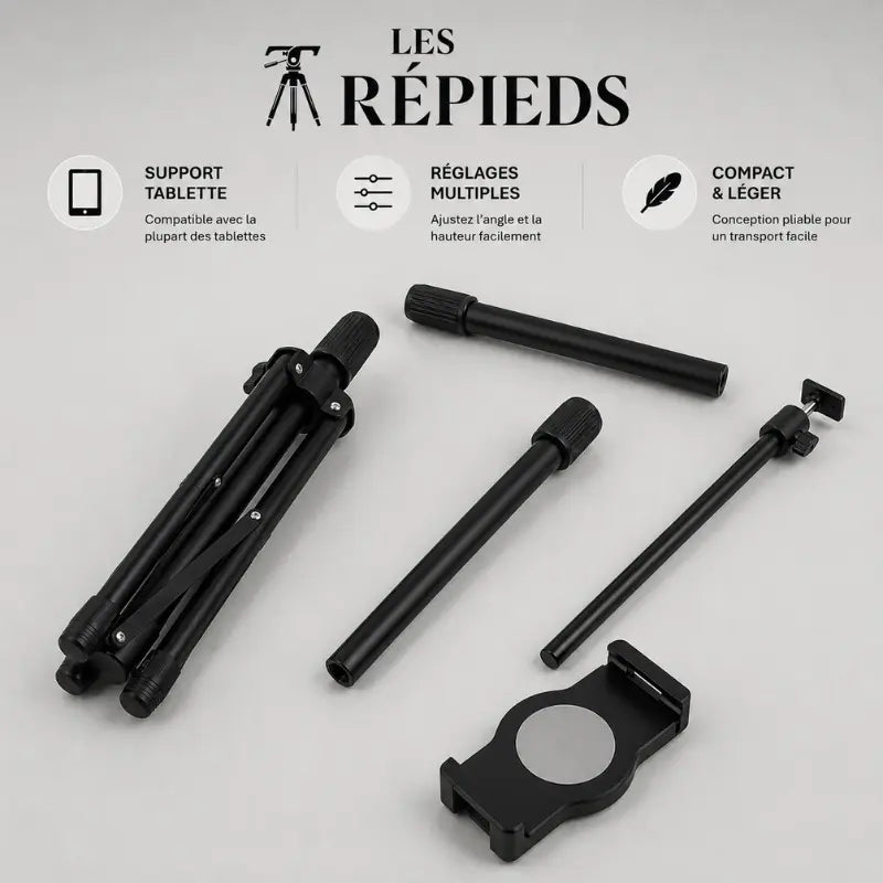 Trépied tablette noir demonté en plusieurs pieces posées à plat - logo Les Trépieds - infographie : support tablette, réglages multiples, compact et léger
