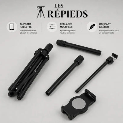 Trépied tablette noir demonté en plusieurs pieces posées à plat - logo Les Trépieds - infographie : support tablette, réglages multiples, compact et léger