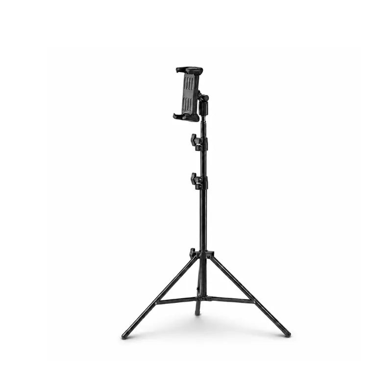 Grand trépied tablette noir 160 cm avec support tablette extensible en haut, quatre pieds déployés sur fond blanc
