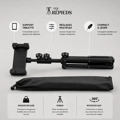 Trépied tablette noir replié avec support tablette et housse noire - logo Les Trépieds - infographie : support tablette, réglages multiples, compact et léger, housse incluse, stable, rotation 360