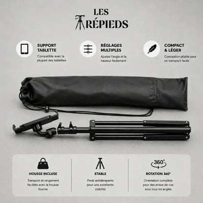 Trépied tablette noir replié à plat a côté d une housse de transport noire - logo Les Trépieds - infographie : support tablette, réglages multiples, compact et léger, housse incluse, stable, rotation 360 degres