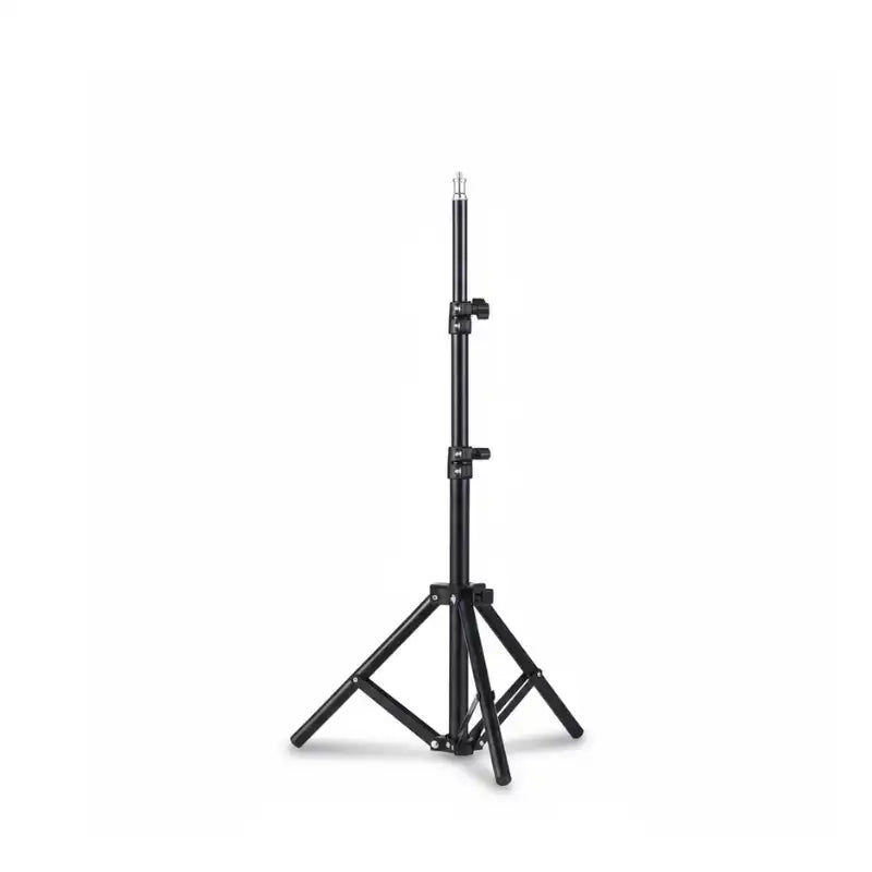 Trépied vidéoprojecteur noir 160 cm entierement déployé, tige télescopique noire avec verrous et trois pieds triangulaires, sur fond blanc