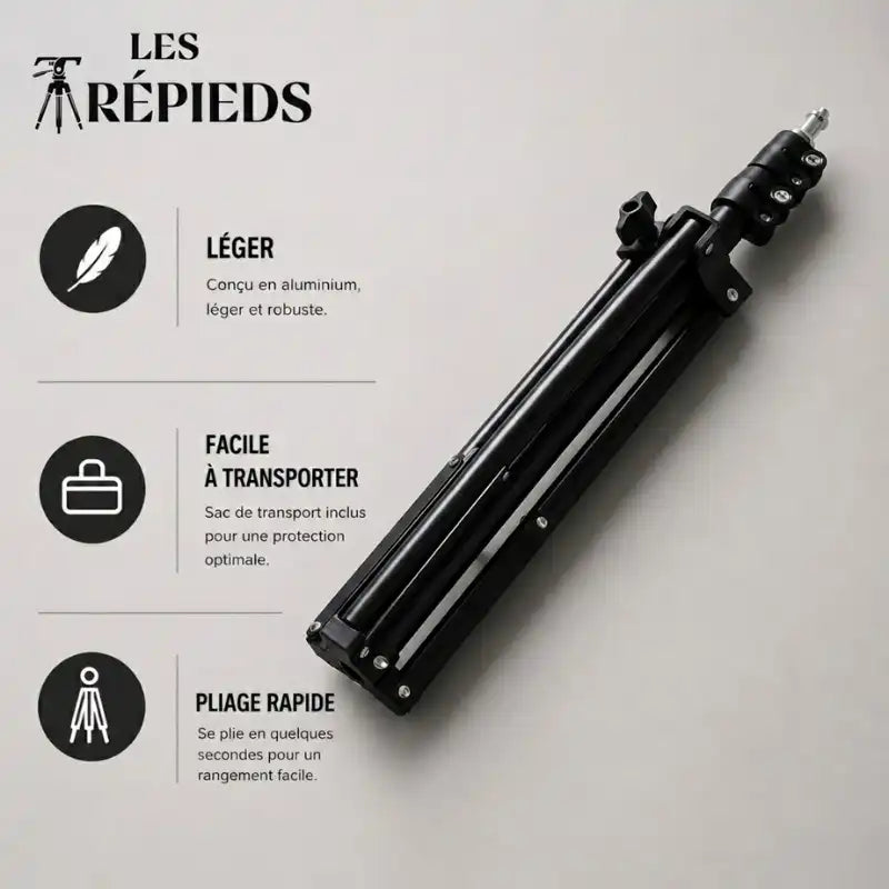 Trépied vidéoprojecteur noir replié à plat - logo Les Trépieds - infographie 3 avantages : léger aluminium, facile a transporter avec sac inclus, pliage rapide