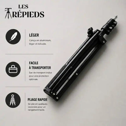Trépied vidéoprojecteur noir replié à plat - logo Les Trépieds - infographie 3 avantages : léger aluminium, facile a transporter avec sac inclus, pliage rapide
