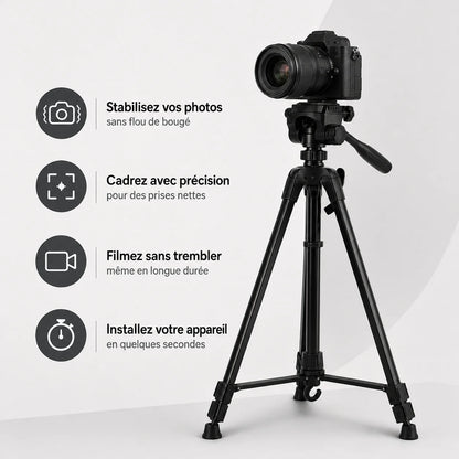 Trépied Appareil Photo 140 CM Noir Aluminium | Reflex, Hybride & Smartphone | Vis 1/4", Charge 3 KG & Sac inclus
