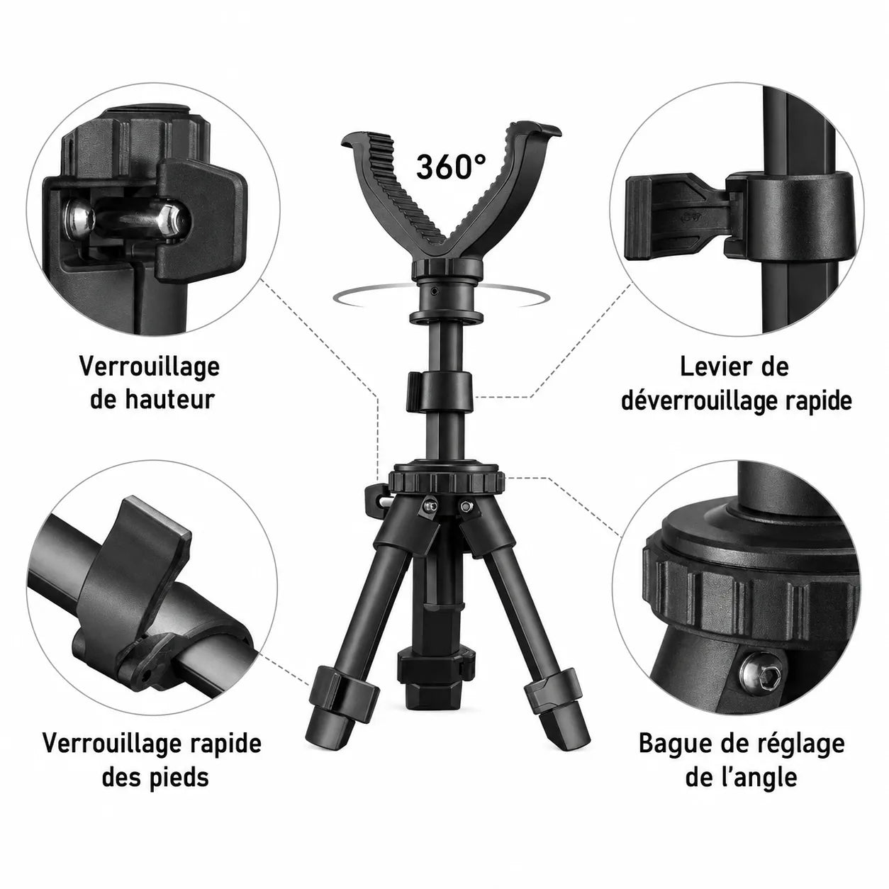 Trépied Chasse Réglable Aluminium avec Support en V | Rotation 360°