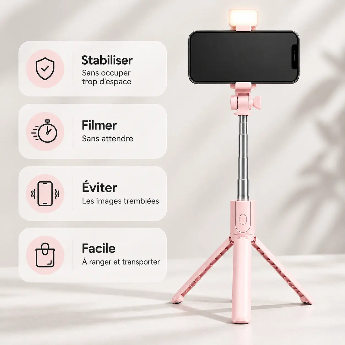Trépied Téléphone 95 CM Rose | iPhone & Android | Lampe Intégrée & Télécommande Bluetooth
