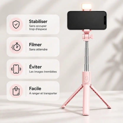 Trépied Téléphone 95 CM Rose | iPhone & Android | Lampe Intégrée & Télécommande Bluetooth