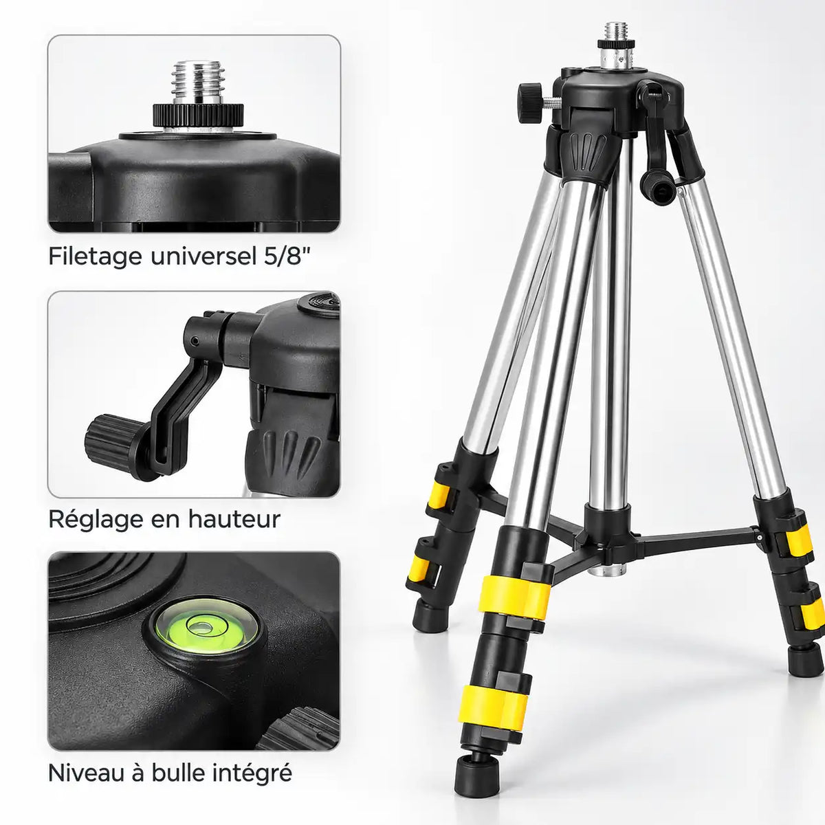 Trépied Laser 120 CM Inox | Niveau à Bulle & Filetage 5/8" | Manivelle & Sac inclus