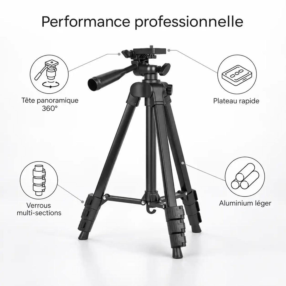 Trépied Appareil Photo 134 CM Noir Aluminium | Tête à Poignée 360°, Support Téléphone & Housse inclus