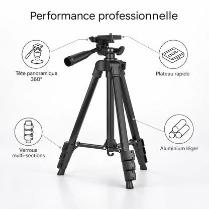 Trépied Appareil Photo 134 CM Noir Aluminium | Tête à Poignée 360°, Support Téléphone & Housse inclus
