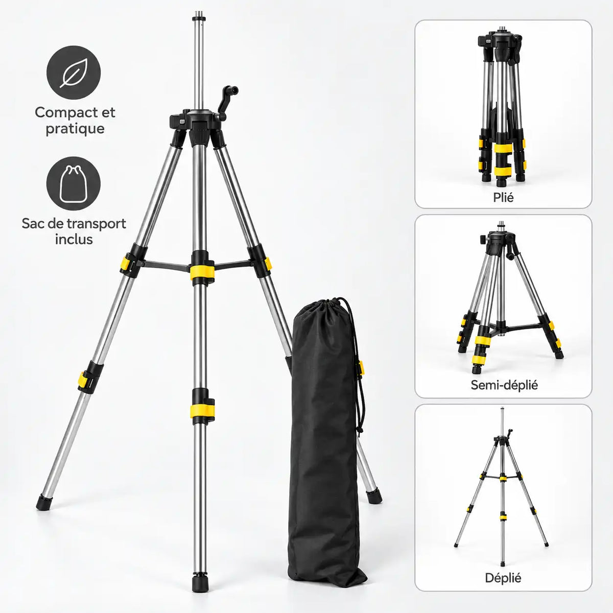Trépied Laser 120 CM Inox | Niveau à Bulle & Filetage 5/8" | Manivelle & Sac inclus
