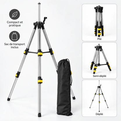 Trépied Laser 120 CM Inox | Niveau à Bulle & Filetage 5/8" | Manivelle & Sac inclus