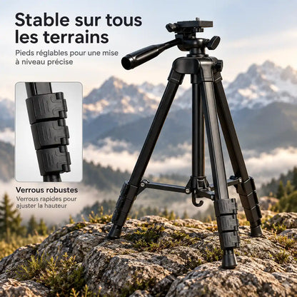 Trépied Appareil Photo 134 CM Noir Aluminium | Tête à Poignée 360°, Support Téléphone & Housse inclus