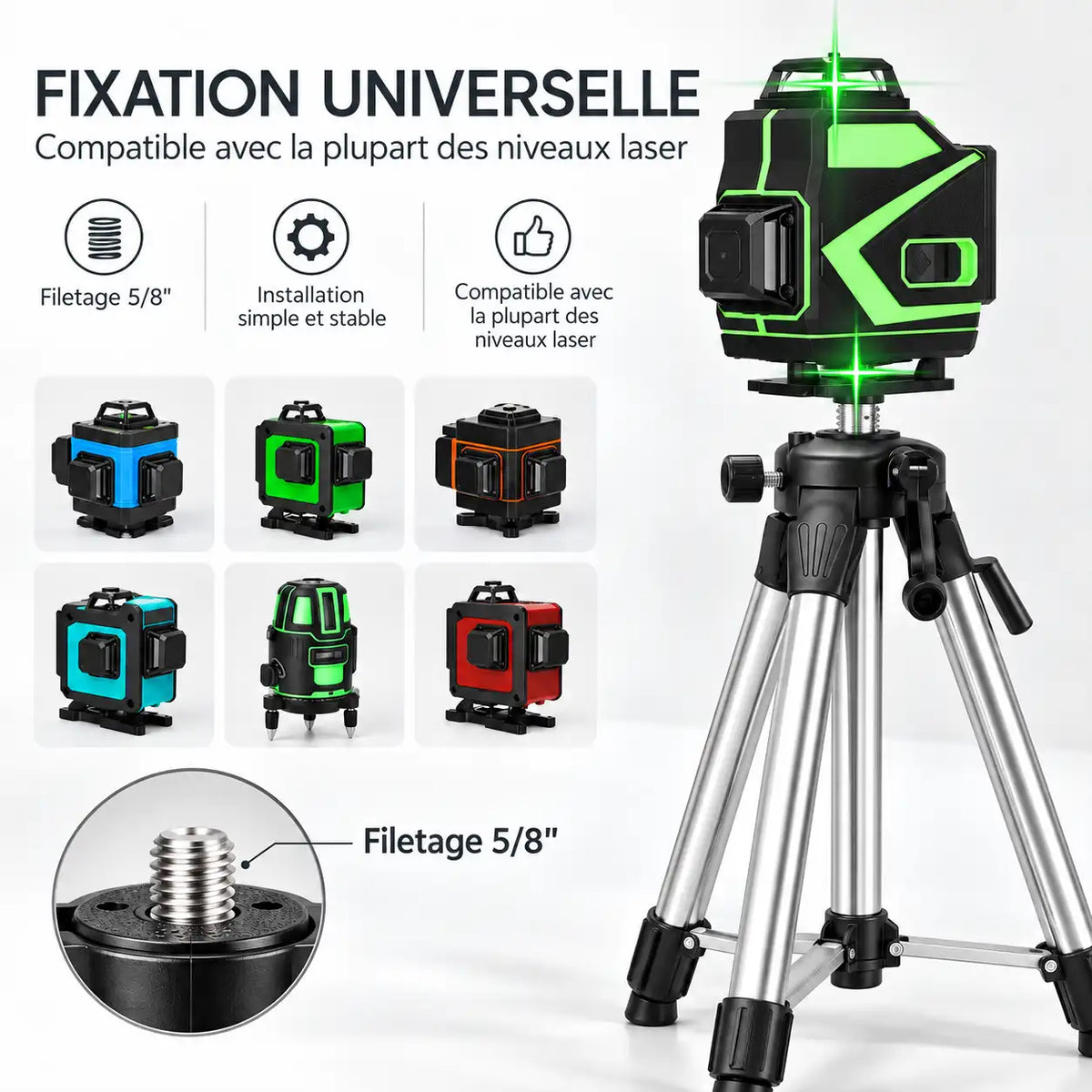 Trépied Laser 120 CM Inox | Niveau à Bulle & Filetage 5/8" | Manivelle & Sac inclus