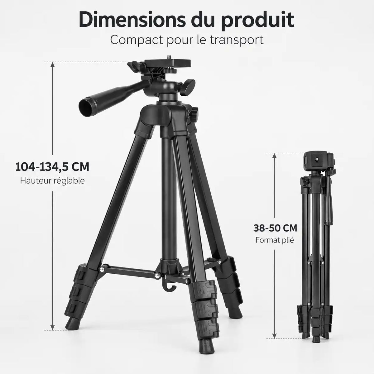 Trépied Appareil Photo 134 CM Noir Aluminium | Tête à Poignée 360°, Support Téléphone & Housse inclus