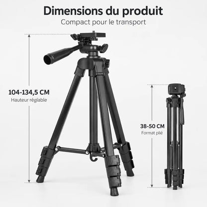 Trépied Appareil Photo 134 CM Noir Aluminium | Tête à Poignée 360°, Support Téléphone & Housse inclus