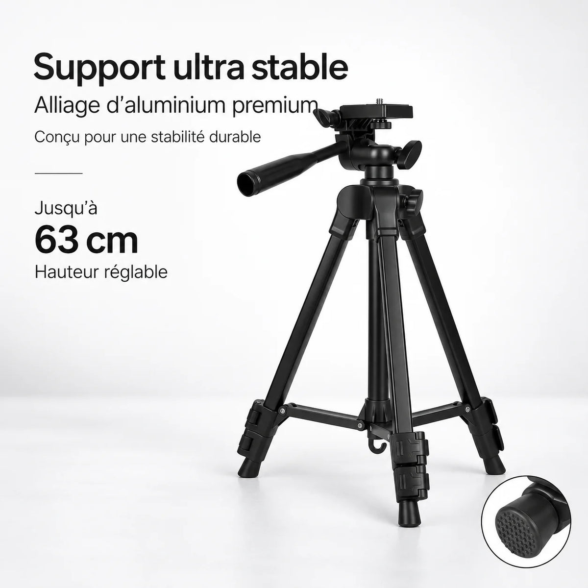 Mini Trépied Appareil Photo 63 CM Noir à Poignée | Tête 360°, Support Téléphone & Housse inclus
