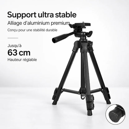 Mini Trépied Appareil Photo 63 CM Noir à Poignée | Tête 360°, Support Téléphone & Housse inclus