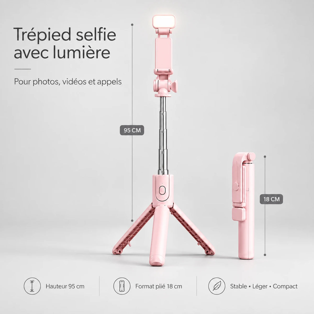 Trépied Téléphone 95 CM Rose | iPhone & Android | Lampe Intégrée & Télécommande Bluetooth