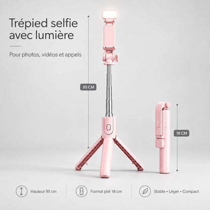 Trépied Téléphone 95 CM Rose | iPhone & Android | Lampe Intégrée & Télécommande Bluetooth