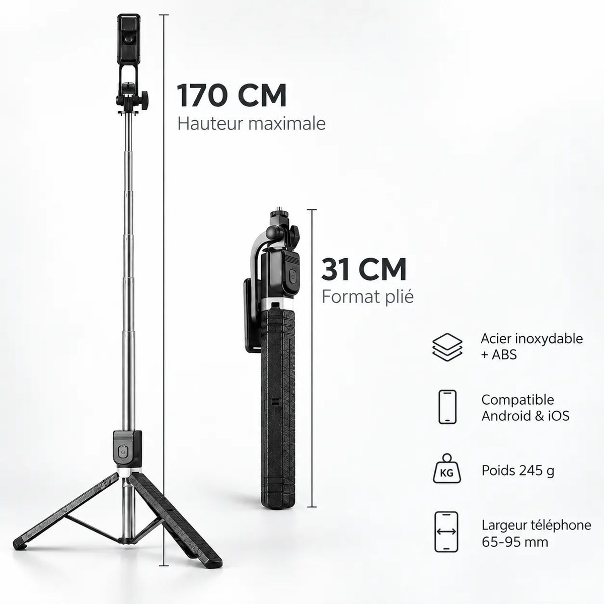 Trépied Perche Selfie 170 CM Noir | Télécommande Bluetooth & Support Rotatif 270°