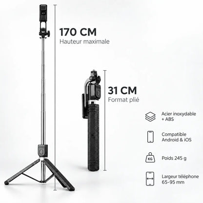 Trépied Perche Selfie 170 CM Noir | Télécommande Bluetooth & Support Rotatif 270°