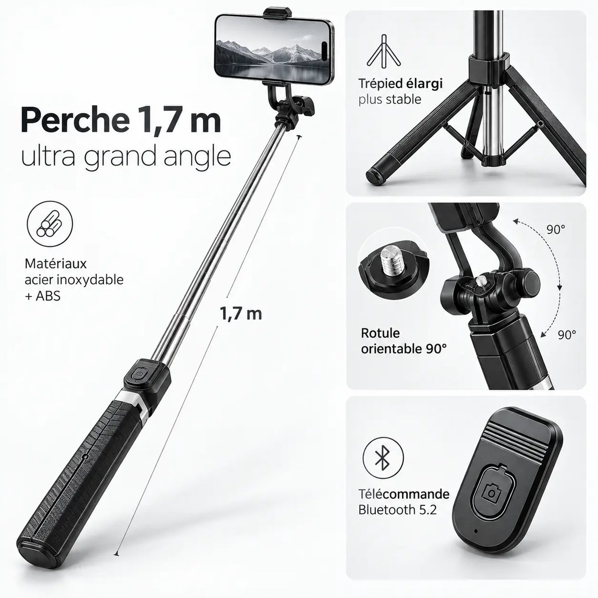 Trépied Perche Selfie 170 CM Noir | Télécommande Bluetooth & Support Rotatif 270°
