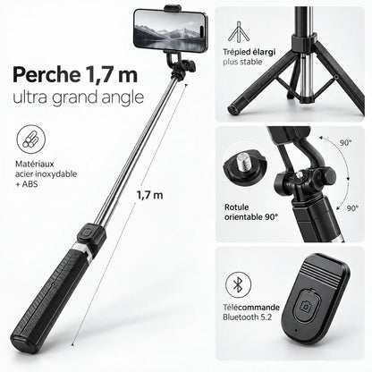 Trépied Perche Selfie 170 CM Noir | Télécommande Bluetooth & Support Rotatif 270°