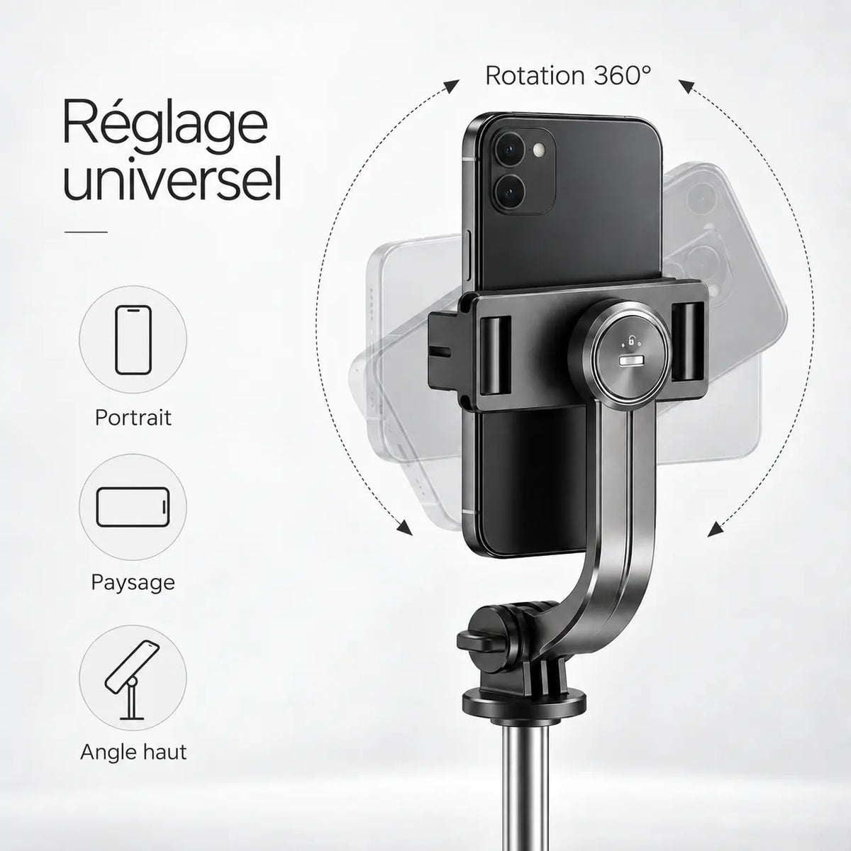 Trépied Téléphone 172 CM Noir | iPhone & Android | Rotation 360° & Grande Extension