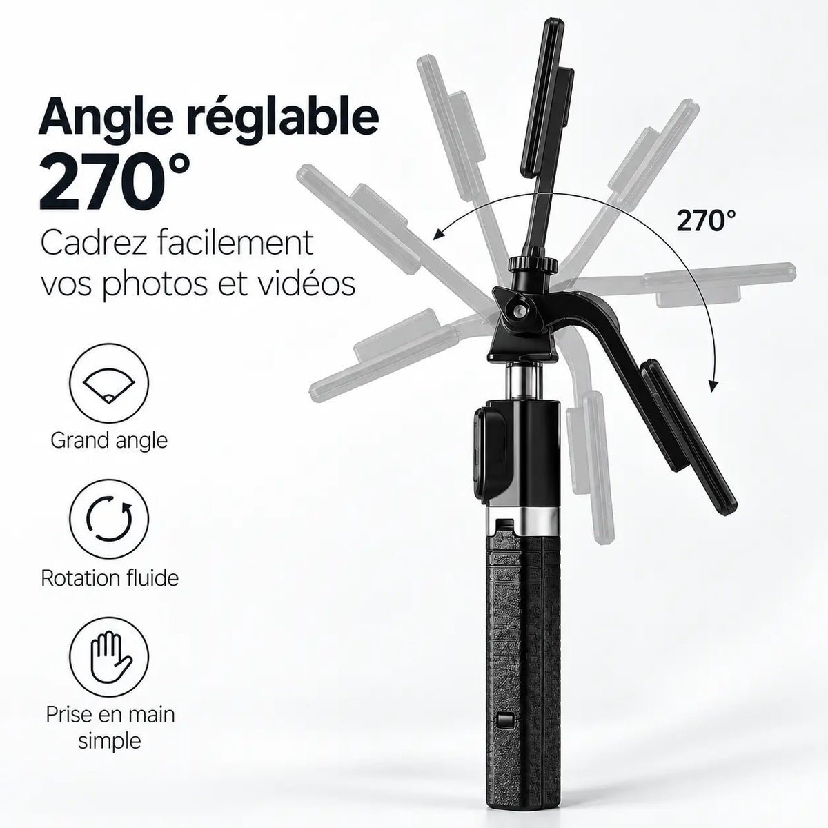 Trépied Perche Selfie 170 CM Noir | Télécommande Bluetooth & Support Rotatif 270°