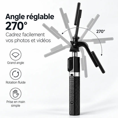 Trépied Perche Selfie 170 CM Noir | Télécommande Bluetooth & Support Rotatif 270°