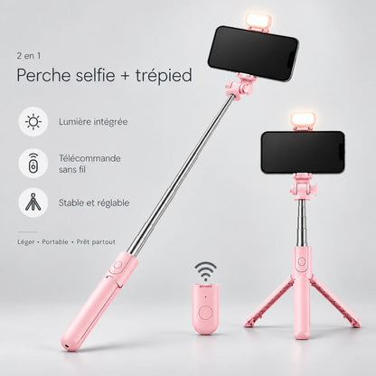 Trépied Téléphone 95 CM Rose | iPhone & Android | Lampe Intégrée & Télécommande Bluetooth
