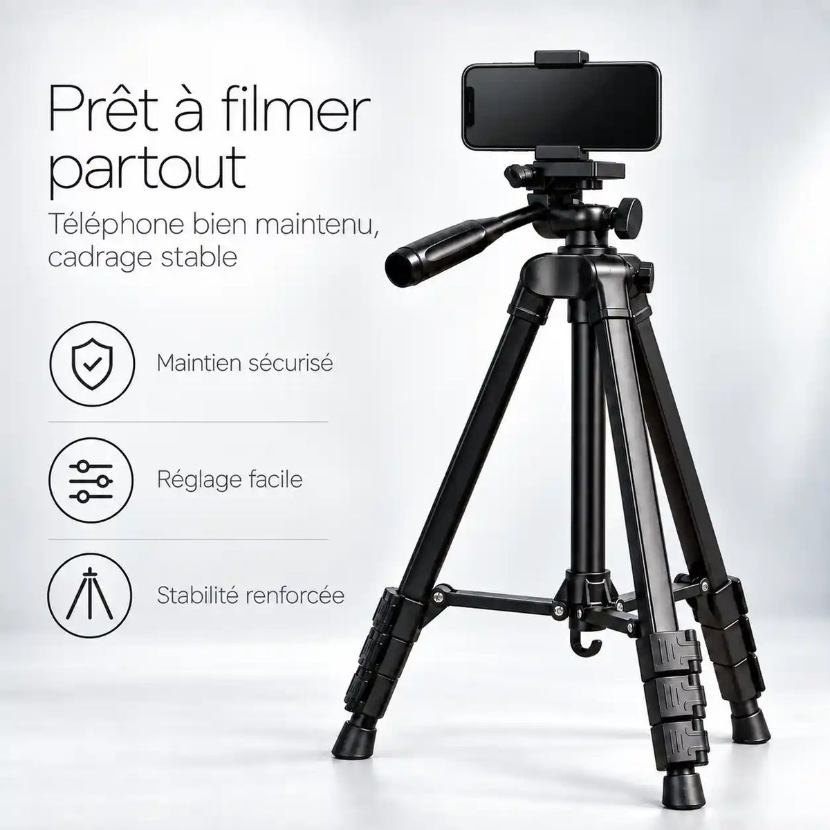 Trépied Téléphone 134 CM Noir Aluminium | Pince Smartphone, Tête à Poignée 360° & Housse inclus